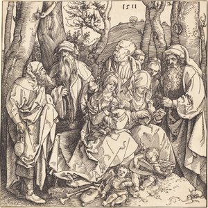 Den heliga familjen med två musikskapande änglar av Albrecht Dürer
