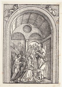 Den heliga familjen med två änglar i en välvd sal av Albrecht Dürer