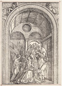 Den heliga familjen med två änglar i en välvd sal av Albrecht Dürer