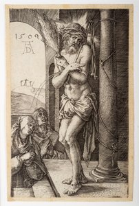 Smärtornas man vid pelaren med Jungfru Maria och Johannes, ur "Den graverade passionen" av Albrecht Dürer