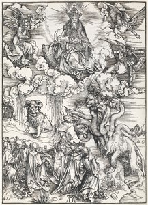 Det sjuhövdade odjuret och odjuret med lammhorn, från Johannes apokalypsen, 1496-1498 av Albrecht Dürer