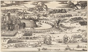 Belägringen av en fästning (endast vänster sida, av 2 block) av Albrecht Dürer