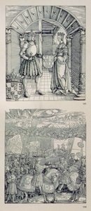 Triumfbågen för kejsar Maximilian I av Tyskland (1459-1519): detalj som visar två paneler placerade ovanför den vänstra portalen som föreställer (överst) Maximilian I och hans första fru Maria av Bourgogne (1457-82) av Albrecht Dürer
