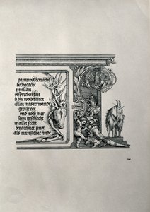 Triumfbågen av kejsar Maximilian I av Tyskland 1459-1519: detalj av ett hjortskinn med en inskription som hyllar kejsarnas familjeförbindelser, med en get med diskettöron, en symbol för akutheten av hea av Albrecht Dürer