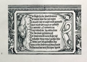 Kejsar Maximilian I:s triumfbåge av Tyskland 1459-1519: detalj av dekorativt schema som visar ett lejonskinn med en inskription som hyllar kejsarnas familjekopplingar, pub. 151718 träsnitt av Albrecht Dürer