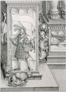 Kejsar Maximilian I:s triumfbåge av Tyskland 1459-1519: detalj av portalpelarens bas med en snidad relief av en mansfigur som bär en standard och en krönt vapensköld, pub. 151718 träc av Albrecht Dürer