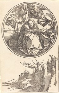Jungfrun krönt av två änglar ovanför ett landskap, i eller före 1515. av Albrecht Dürer