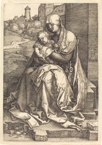 Jungfrun och barnet sitter vid muren av Albrecht Dürer
