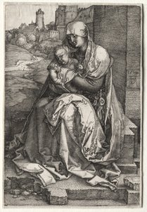 Jungfrun och barnet sitter vid muren av Albrecht Dürer