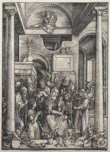 Jungfrun och barnet omgiven av heliga och änglar av Albrecht Dürer