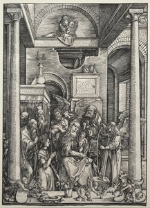 Jungfrun och barnet omgiven av heliga och änglar, ca. 1500-1502. av Albrecht Dürer