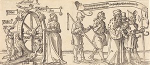 Tid och en räv som vrider lyckohjulet med människor av alla led åt höger, troligen 1526. av Albrecht Dürer