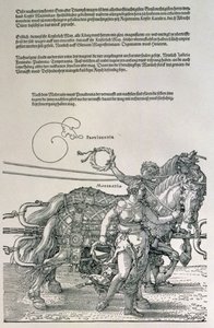 Triumfvagn av kejsar Maximilian I av Tyskland (1459-1519): detalj av hästlagen, vägledd av två dygder, Providence and Moderation, pub. c.1518 (träsnitt) av Albrecht Dürer