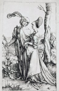 Ett par som går, bevakad av Döden gömd bakom ett träd, med ett timglas). Gravyr av Albrecht Durer (1471-1528) 1496-1498 Dim. 19x12 cm Berlin, gravyrskåp av Albrecht Dürer