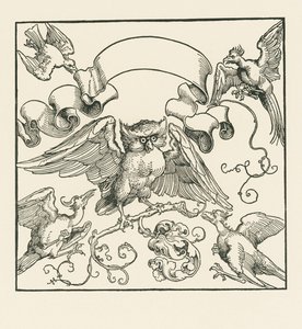 En uggla attackerad av fyra andra fåglar, ca 1515 (träsnitt) av Albrecht Dürer or Duerer