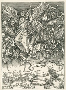 Ärkeängeln Mikael i kamp mot draken. Johannes Uppenbarelsebok, ca 1498 (träsnitt) av Albrecht Dürer or Duerer