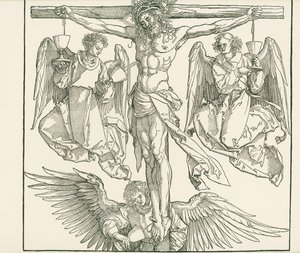 Kristus på korset med tre änglar, ca 1513 (träsnitt) av Albrecht Dürer or Duerer