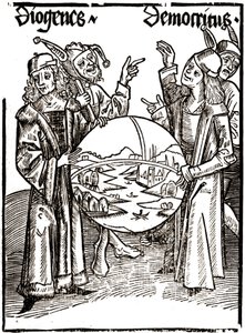 Diogenes (-413 - -327) och Demokritos (-460 - -370) - i "" Das Narrenschif (Dårarnas båt)" av Sébastien Brandt (1458 - 1521). Gravyr. av Albrecht Dürer