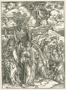 Fyra änglar som håller vindarna och de utvaldas signering. Johannes Uppenbarelsebok, ca 1497-98 (träsnitt) av Albrecht Dürer or Duerer