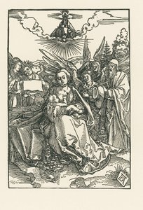 Den heliga familjen med fem änglar, ca 1503-04 (träsnitt) av Albrecht Dürer or Duerer