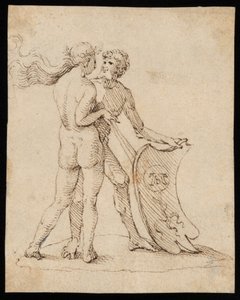 Naken kvinna och man med skölden med Willibald Pirckheimers vapensköld av Albrecht Dürer
