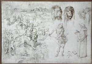 Europas våldtäkt, lejonhuvuden, bågskytt, visman, dödskalle (teckning) av Albrecht Dürer or Duerer
