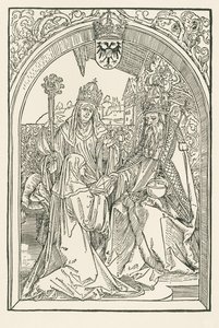 Roswitha överlämnar sina verk till kejsar Otto I i närvaro av sin systerdotter Gerba, abbedissan av Gandersheim av Albrecht Dürer or Duerer