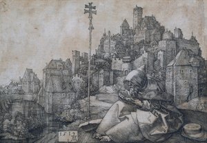 Sankt Antonius sitter framför en stad - Kopparstick av Albrecht Durer (1471-1528) av Albrecht Dürer