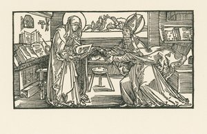 Heliga Birgitta i sin kammare överlämnar sitt verk till en biskop av Albrecht Dürer or Duerer