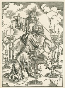 Johannes vision av Kristus och de sju ljusstakarna. Den helige Johannes uppenbarelse, ca 1496-98 (träsnitt) av Albrecht Dürer or Duerer