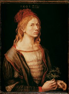 Självporträtt med tistel (målning, pergamentlim på duk av Albrecht Dürer