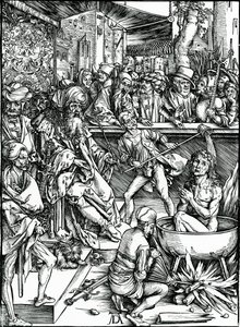 Evangelisten Johannes torteras i ett kärl med kokande olja, från "Apocalypse"-serien av Albrecht Dürer