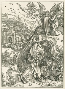 Ängeln med nyckeln som kastar ner draken i avgrunden och en annan ängel som visar Johannes det nya Jerusalem, ca 1497-98 (träsnitt) av Albrecht Dürer or Duerer