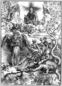 Den apokalyptiska kvinnan eller kvinnan klädd med solen och den sjuhövdade draken, från Apokalypsen eller Johannes uppenbarelse av Albrecht Dürer