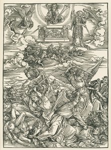 Änglarnas kamp. Johannes Uppenbarelse, ca 1496-98 (träsnitt) av Albrecht Dürer or Duerer