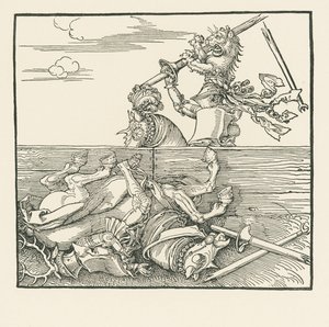 Den utländska turneringen. Maximilian har lyft upp sin motståndare Jacop de Heri ur sadeln, ca 1517-18 (träsnitt) av Albrecht Dürer or Duerer