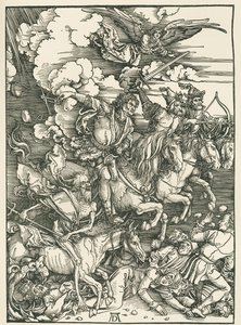Apokalypsens fyra ryttare. Johannes Uppenbarelse, ca 1497-98 (träsnitt) av Albrecht Dürer or Duerer