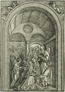 Den heliga familjen med två änglar i en välvd sal av Albrecht Dürer or Duerer