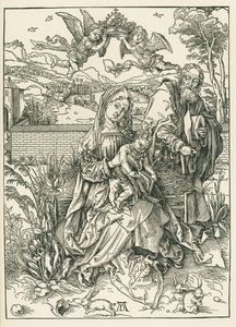 Den heliga familjen med tre harar, ca 1497 (träsnitt) av Albrecht Dürer or Duerer