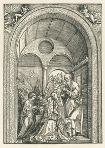 Den heliga familjen med två änglar i en portik, ca 1503-04 (träsnitt) av Albrecht Dürer or Duerer