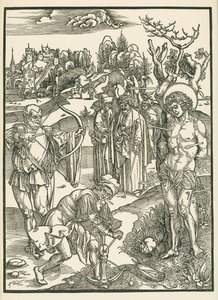 Sankt Sebastians martyrium, ca 1500 (träsnitt) av Albrecht Dürer or Duerer