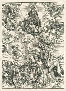 Havsmonstret och odjuret med lammets horn. Johannes Uppenbarelsebok, ca 1496-97 (träsnitt) av Albrecht Dürer or Duerer