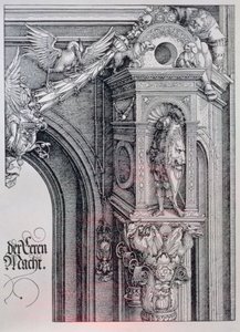 Kejsar Maximilian I:s triumfbåge (1459-1519): detalj av den centrala bågen (heders- och maktporten) med ett bladverk och en animerad pelarhuvud som bär upp en riddare som står i en arkitektonisk nisch, en figur som håller ena sidan av en hängande kartong. av Albrecht Dürer