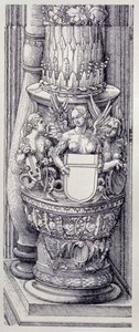 Kejsar Maximilian I av Tysklands triumfbåge (1459-1519): detalj av centrala Gates of Honor and Power, vänster kolumnbas utsmyckad med band av lövverk och bevingade kvinnliga griffiner, daterad 1515, pub. 1517/18 (träsnitt) av Albrecht Dürer
