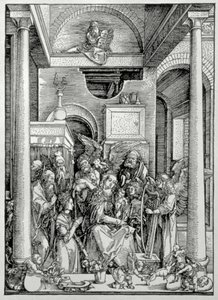 Jungfrun och barnet med heliga (träsnitt) av Albrecht Dürer