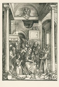 Jungfru Maria tillbedd av änglar och helgon, ca 1502 (träsnitt) av Albrecht Dürer or Duerer