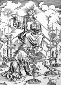 Visionen om de sju ljusstakarna från "Apocalypse" eller "The Revelations of St. John the Divine", pub. 1498 (träsnitt) av Albrecht Dürer