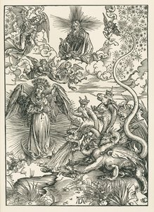 Kvinnan klädd i solen och den sjuhövdade draken. Johannes Uppenbarelsebok, ca 1497 (träsnitt) av Albrecht Dürer or Duerer