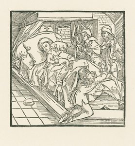 Den ädla hovdamen som matade sina hundar så väl, men lät de fattiga svälta, blir efter sin död slickad av hundarna tills hon blir svart som kol av Albrecht Dürer or Duerer