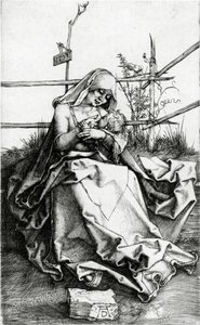 Jungfru och barn sitter på en gräsbänk av Albrecht Dürer
